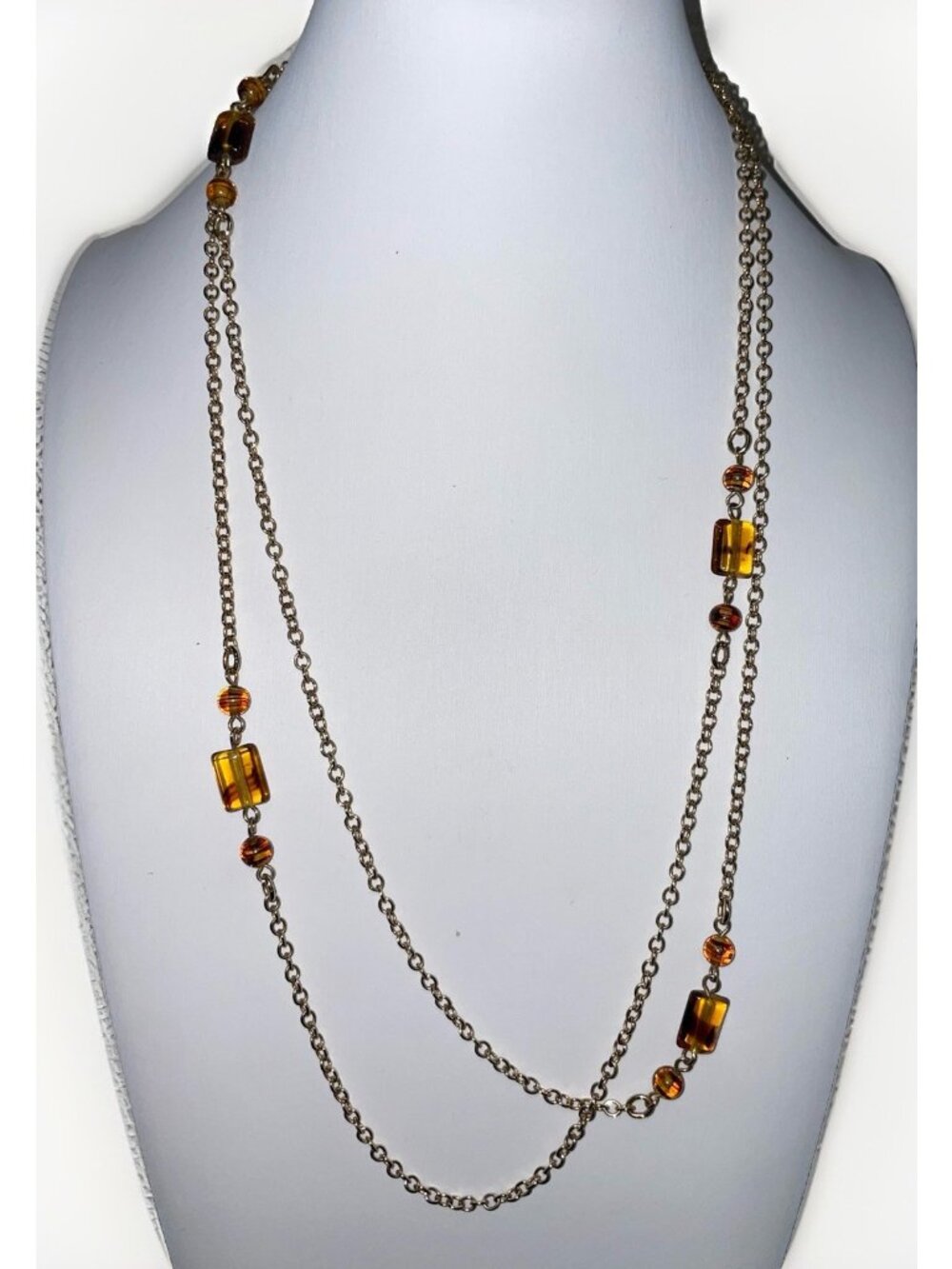 Vtg Signed EMMONS Gold-tone Chain Faux Tortoise Colored Glass 46"  Necklace
